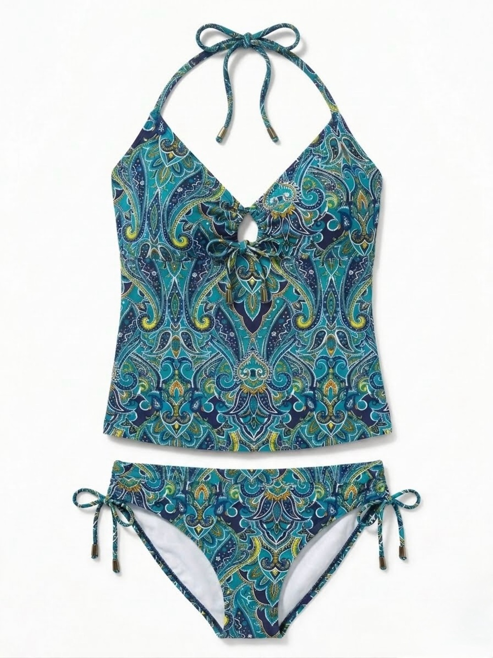 Old Navy Teal Navy Paisley Halter Tankini Two-Piece Swimsuit Set Size Medium EUC
